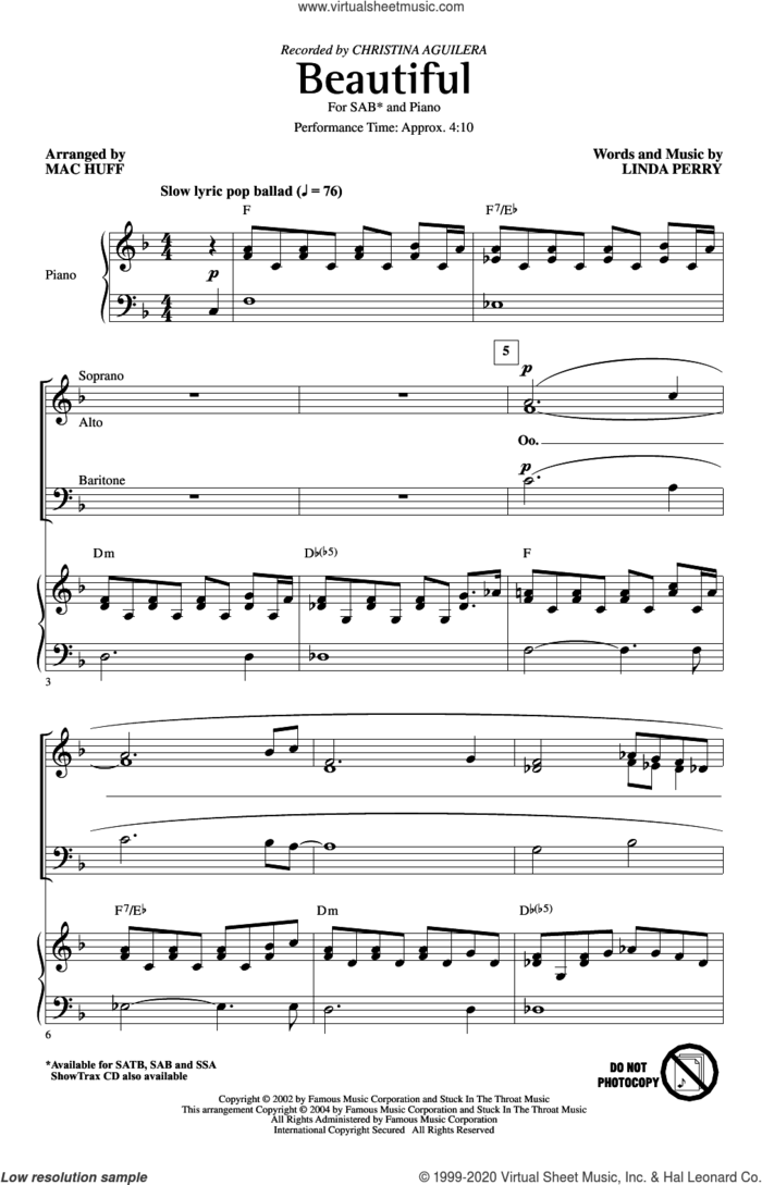 Beautiful (arr. Mac Huff) sheet music for choir (SAB: soprano, alto, bass) by Christina Aguilera, Mac Huff and Linda Perry, intermediate skill level