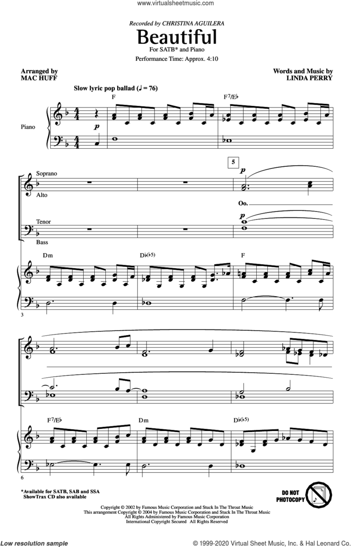 Beautiful (arr. Mac Huff) sheet music for choir (SATB: soprano, alto, tenor, bass) by Christina Aguilera, Mac Huff and Linda Perry, intermediate skill level