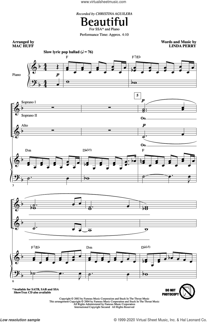 Beautiful (arr. Mac Huff) sheet music for choir (SSA: soprano, alto) by Christina Aguilera, Mac Huff and Linda Perry, intermediate skill level