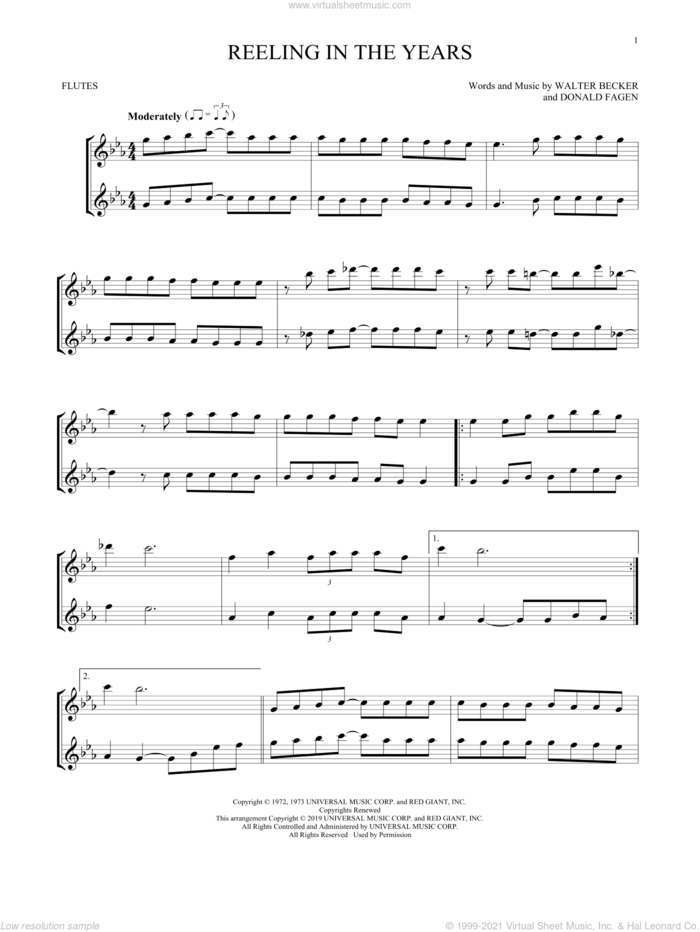 Reeling In The Years sheet music for two flutes (duets) by Steely Dan, Donald Fagen and Walter Becker, intermediate skill level