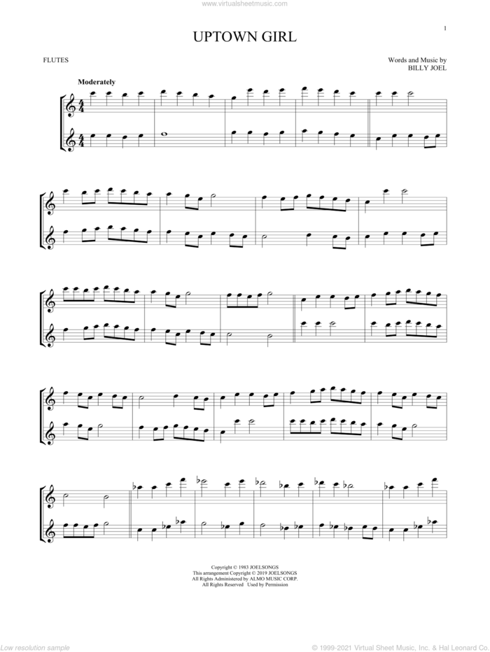 Uptown Girl sheet music for two flutes (duets) by Billy Joel, intermediate skill level