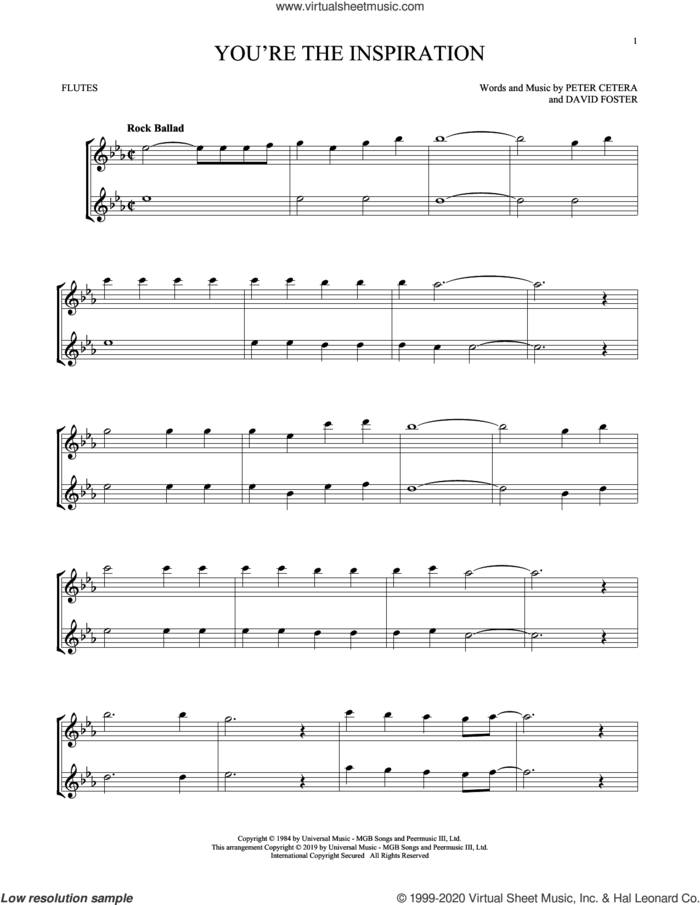 You're The Inspiration sheet music for two flutes (duets) by Chicago, David Foster and Peter Cetera, intermediate skill level