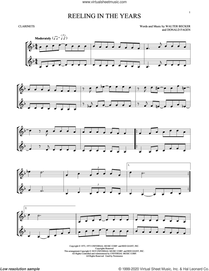 Reeling In The Years sheet music for two clarinets (duets) by Steely Dan, Donald Fagen and Walter Becker, intermediate skill level