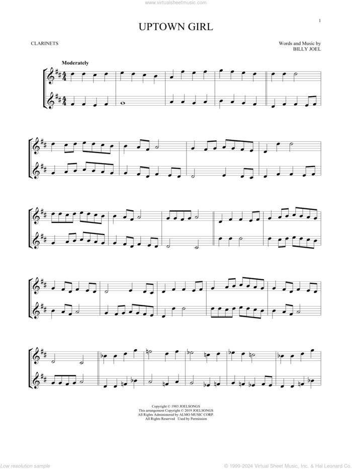 Uptown Girl sheet music for two clarinets (duets) by Billy Joel, intermediate skill level