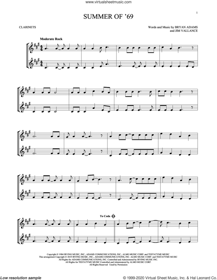 Summer Of '69 sheet music for two clarinets (duets) by Bryan Adams and Jim Vallance, intermediate skill level