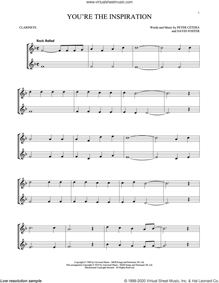 You're The Inspiration sheet music for two clarinets (duets) by Chicago, David Foster and Peter Cetera, intermediate skill level