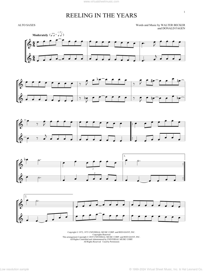 Reeling In The Years sheet music for two alto saxophones (duets) by Steely Dan, Donald Fagen and Walter Becker, intermediate skill level