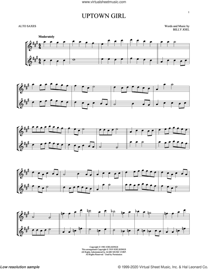 Uptown Girl sheet music for two alto saxophones (duets) by Billy Joel, intermediate skill level