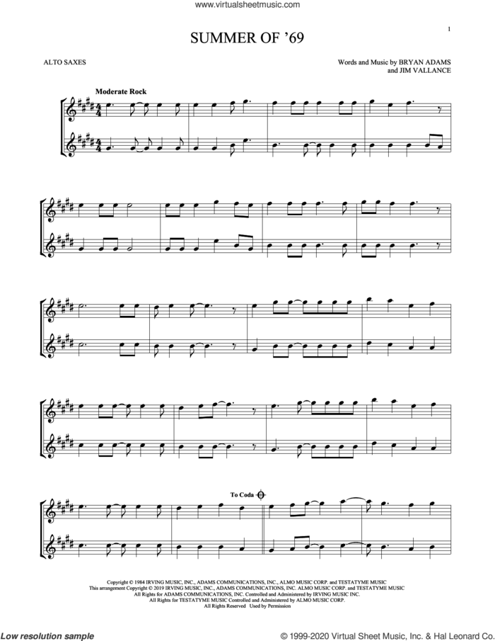 Summer Of '69 sheet music for two alto saxophones (duets) by Bryan Adams and Jim Vallance, intermediate skill level