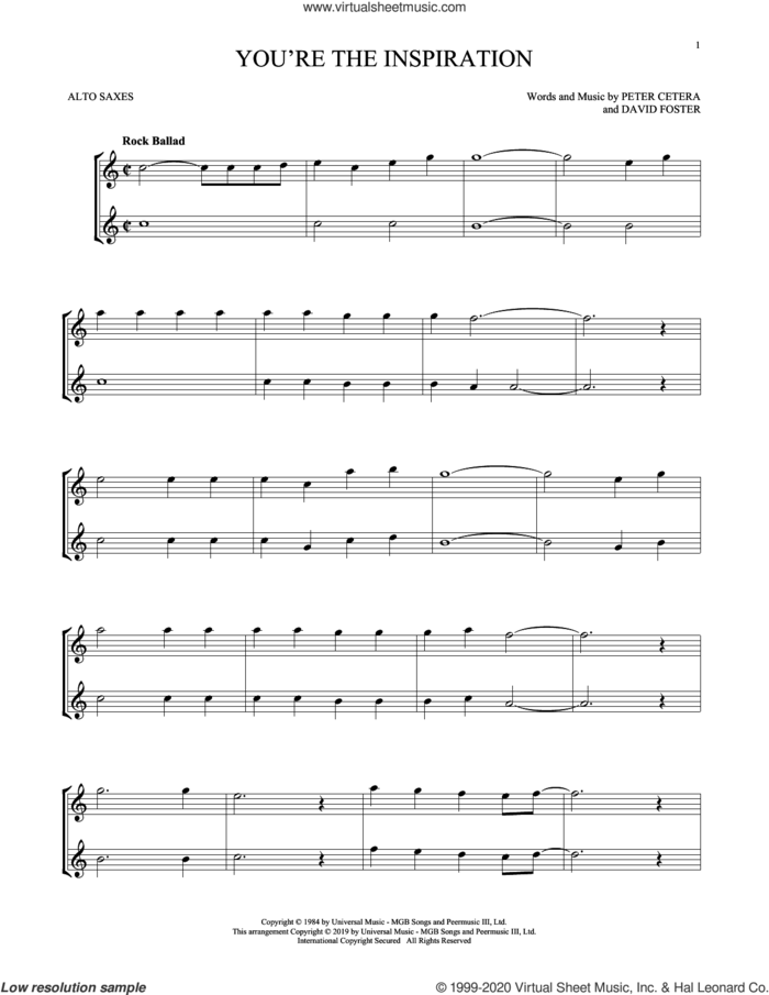 You're The Inspiration sheet music for two alto saxophones (duets) by Chicago, David Foster and Peter Cetera, intermediate skill level
