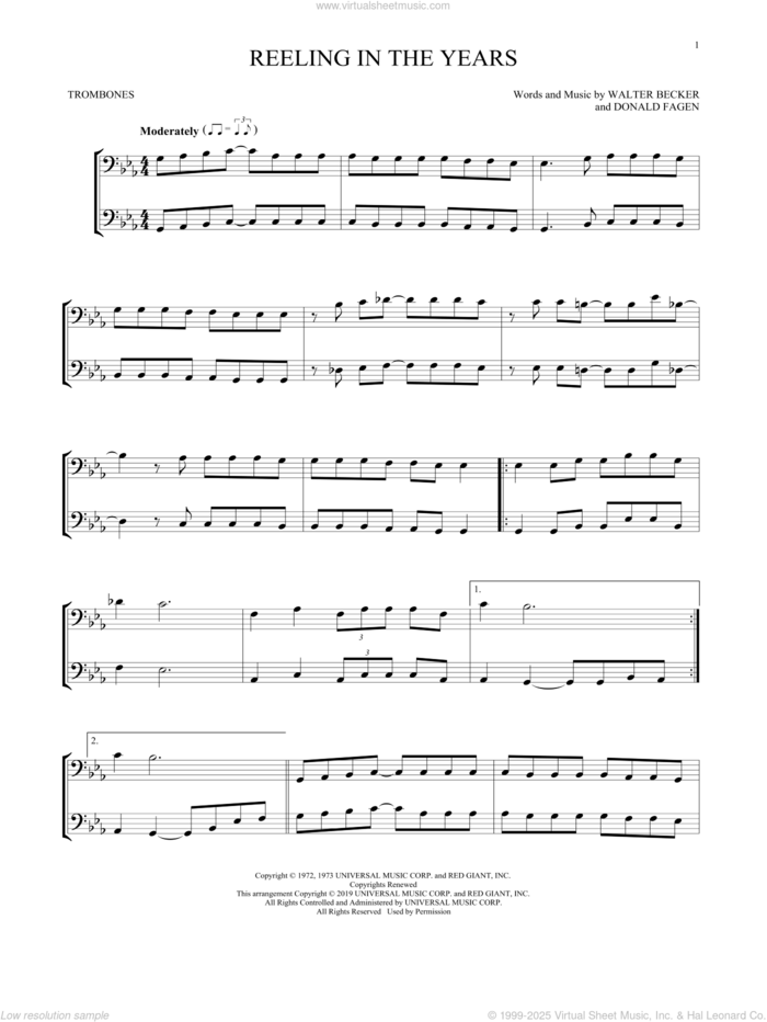 Reeling In The Years sheet music for two trombones (duet, duets) by Steely Dan, Donald Fagen and Walter Becker, intermediate skill level