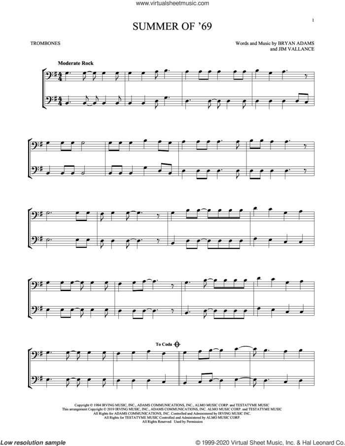 Summer Of '69 sheet music for two trombones (duet, duets) by Bryan Adams and Jim Vallance, intermediate skill level
