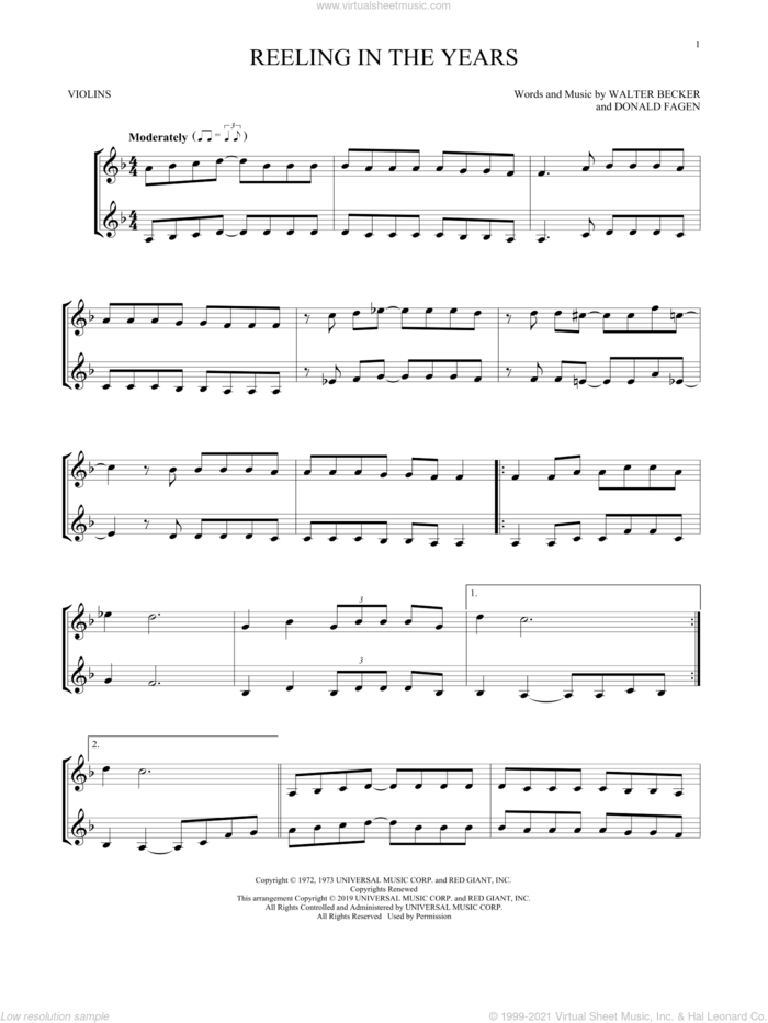 Reeling In The Years sheet music for two violins (duets, violin duets) by Steely Dan, Donald Fagen and Walter Becker, intermediate skill level