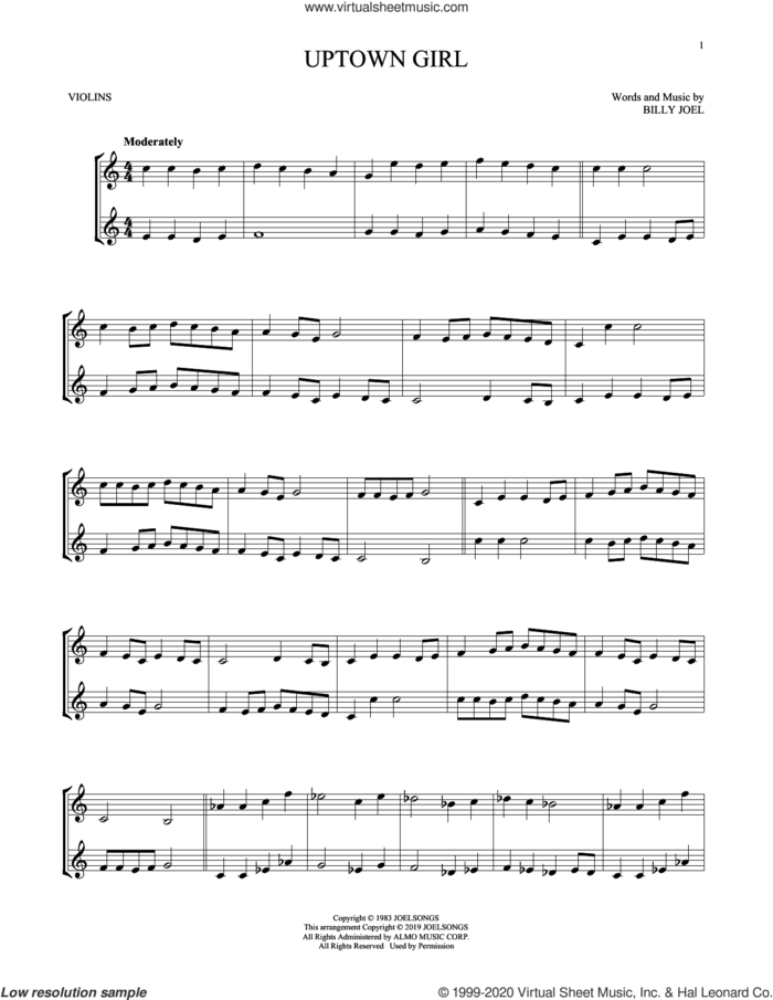 Uptown Girl sheet music for two violins (duets, violin duets) by Billy Joel, intermediate skill level