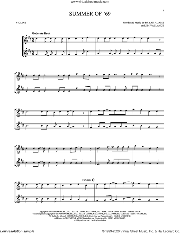 Summer Of '69 sheet music for two violins (duets, violin duets) by Bryan Adams and Jim Vallance, intermediate skill level