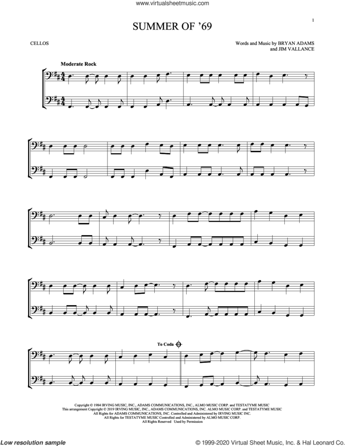 Summer Of '69 sheet music for two cellos (duet, duets) by Bryan Adams and Jim Vallance, intermediate skill level