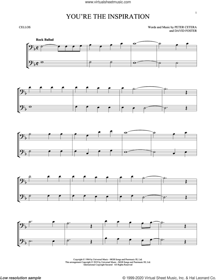 You're The Inspiration sheet music for two cellos (duet, duets) by Chicago, David Foster and Peter Cetera, intermediate skill level