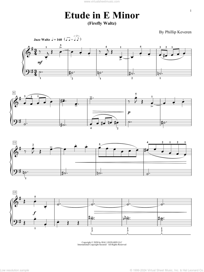 Etude In E Minor (Firefly Waltz) sheet music for piano solo by Phillip Keveren, classical score, intermediate skill level