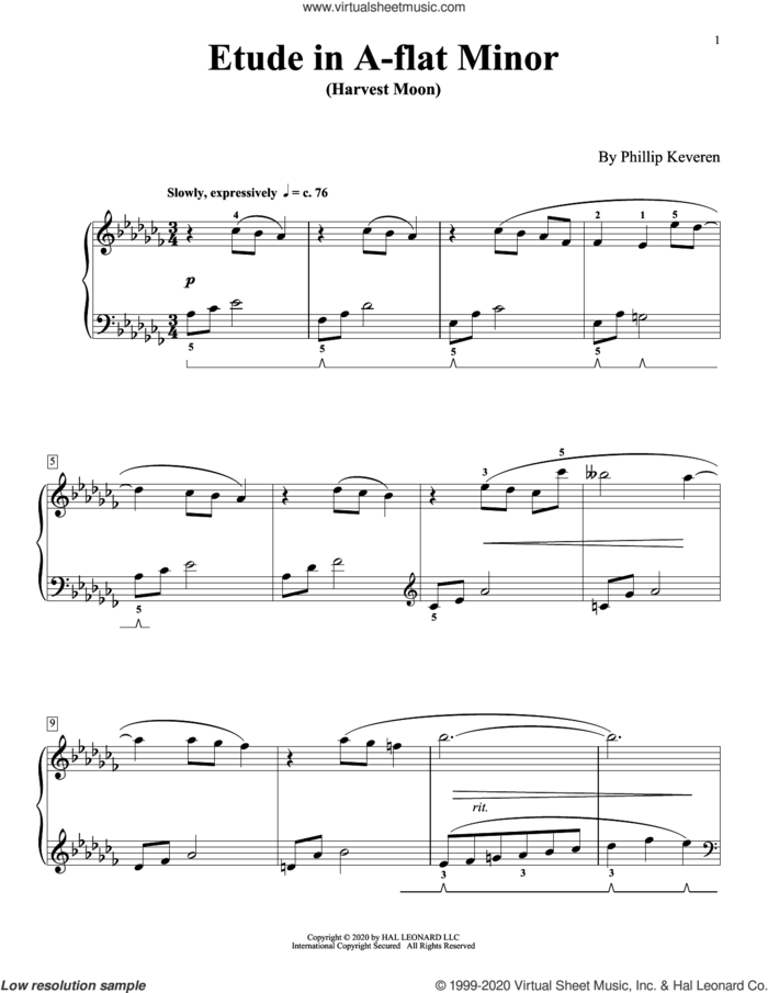 Etude In A-Flat Minor (Harvest Moon) sheet music for piano solo by Phillip Keveren, classical score, intermediate skill level