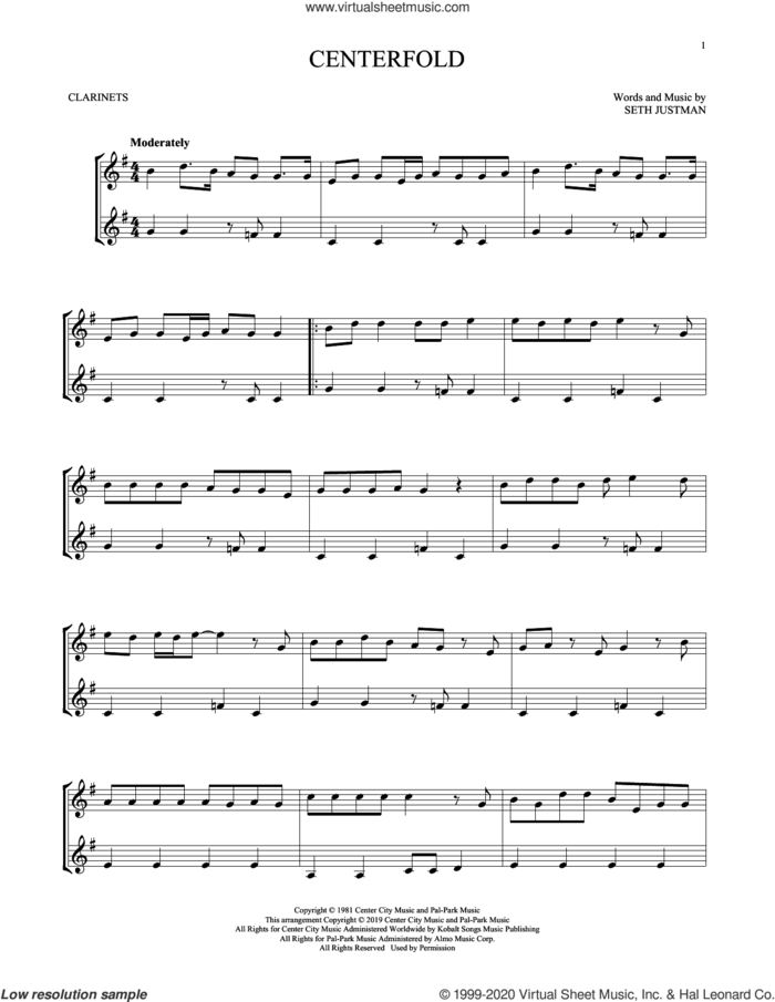 Centerfold sheet music for two clarinets (duets) by J. Geils Band and Seth Justman, intermediate skill level