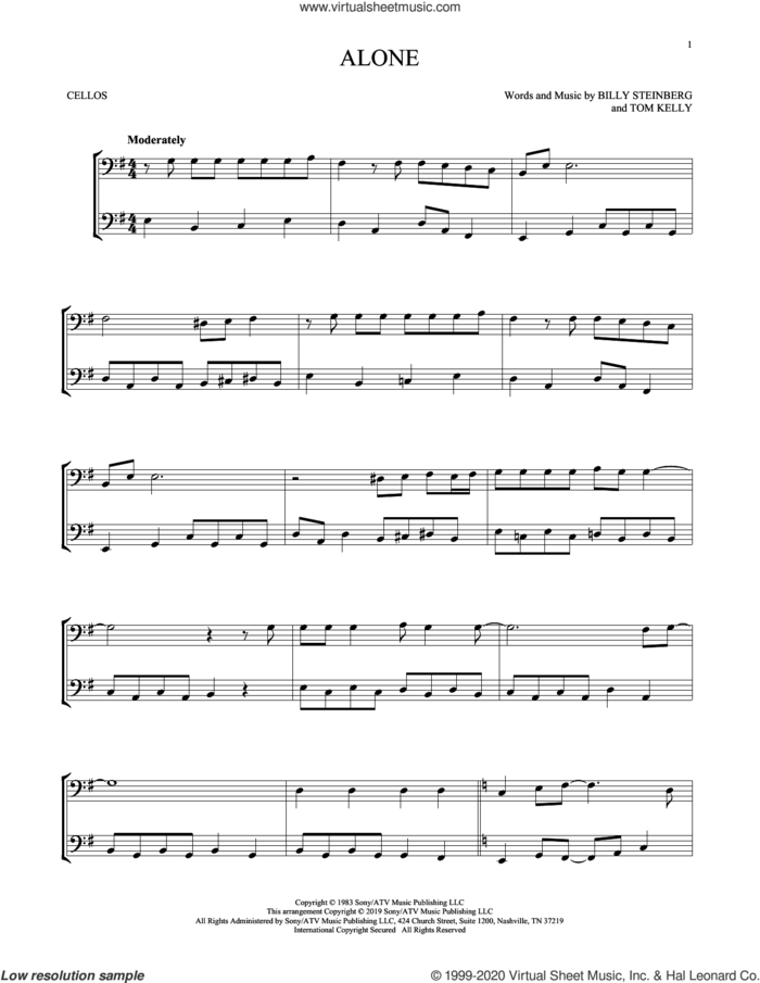 Alone sheet music for two cellos (duet, duets) by Heart, Billy Steinberg and Tom Kelly, intermediate skill level