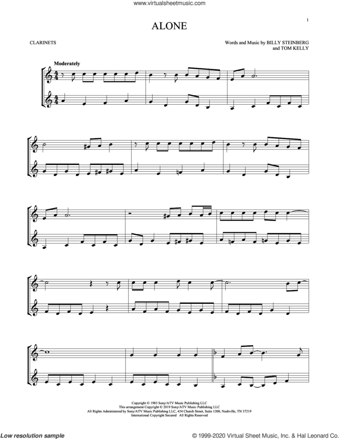 Alone sheet music for two clarinets (duets) by Heart, Billy Steinberg and Tom Kelly, intermediate skill level