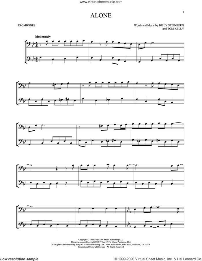 Alone sheet music for two trombones (duet, duets) by Heart, Billy Steinberg and Tom Kelly, intermediate skill level