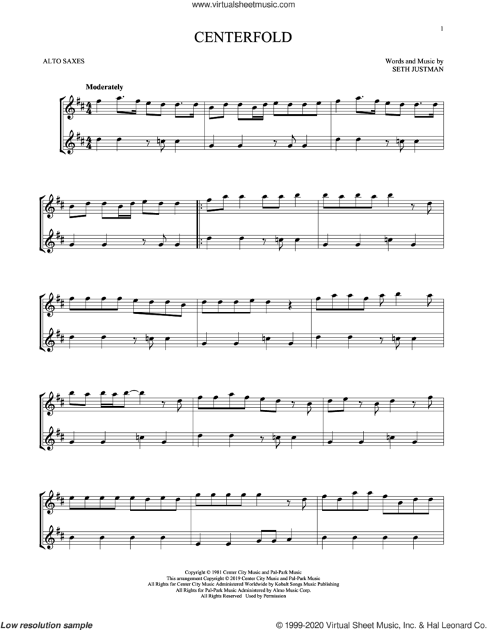 Centerfold sheet music for two alto saxophones (duets) by J. Geils Band and Seth Justman, intermediate skill level