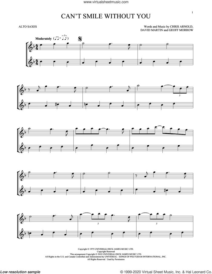 Can't Smile Without You sheet music for two alto saxophones (duets) by Barry Manilow, Chris Arnold, David Martin and Geoff Morrow, intermediate skill level