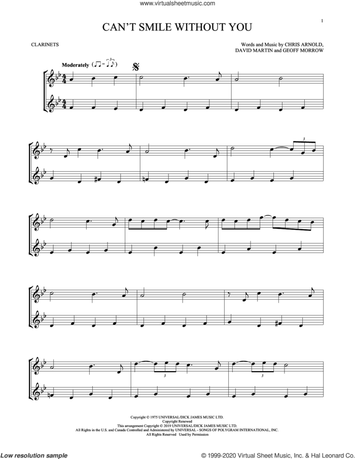 Can't Smile Without You sheet music for two clarinets (duets) by Barry Manilow, Chris Arnold, David Martin and Geoff Morrow, intermediate skill level