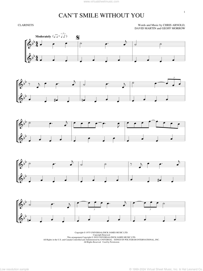 Can't Smile Without You sheet music for two clarinets (duets) by Barry Manilow, Chris Arnold, David Martin and Geoff Morrow, intermediate skill level