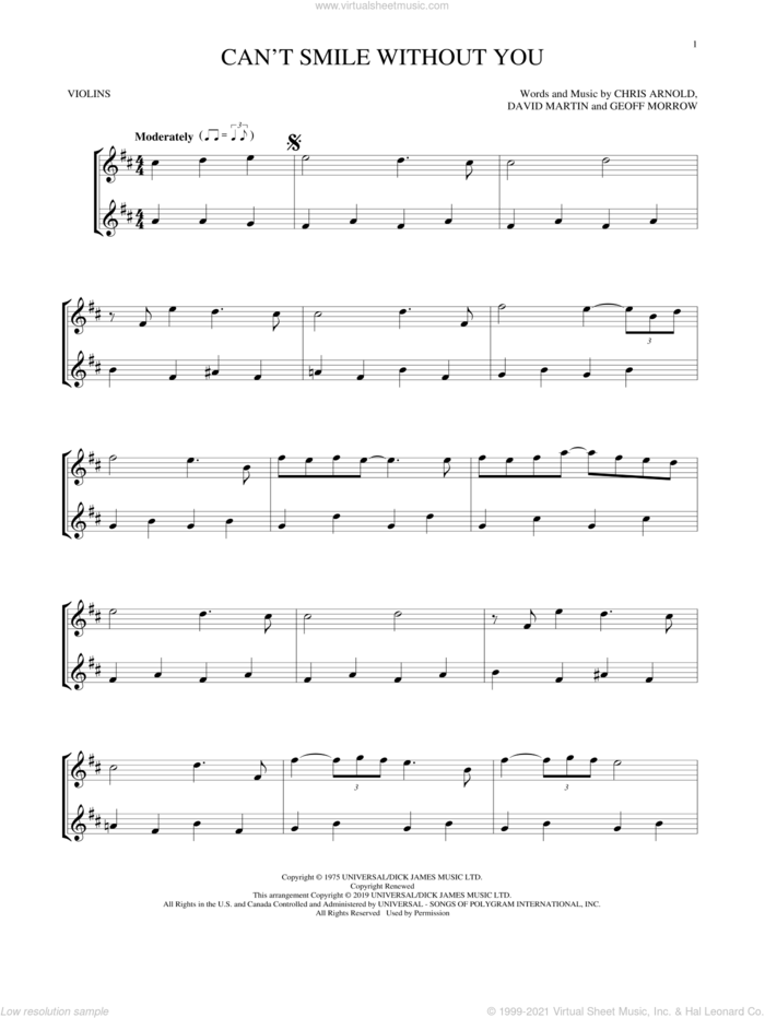 Can't Smile Without You sheet music for two violins (duets, violin duets) by Barry Manilow, Chris Arnold, David Martin and Geoff Morrow, intermediate skill level