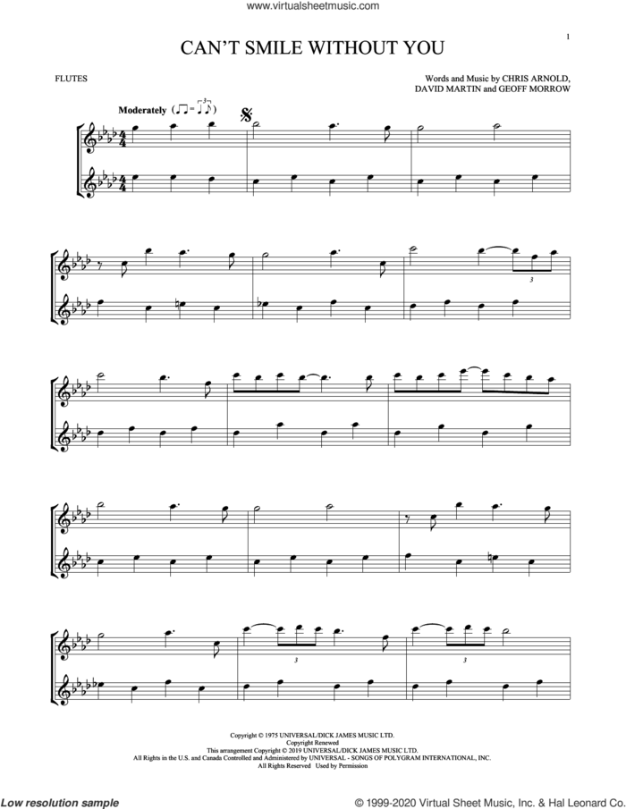 Can't Smile Without You sheet music for two flutes (duets) by Barry Manilow, Chris Arnold, David Martin and Geoff Morrow, intermediate skill level
