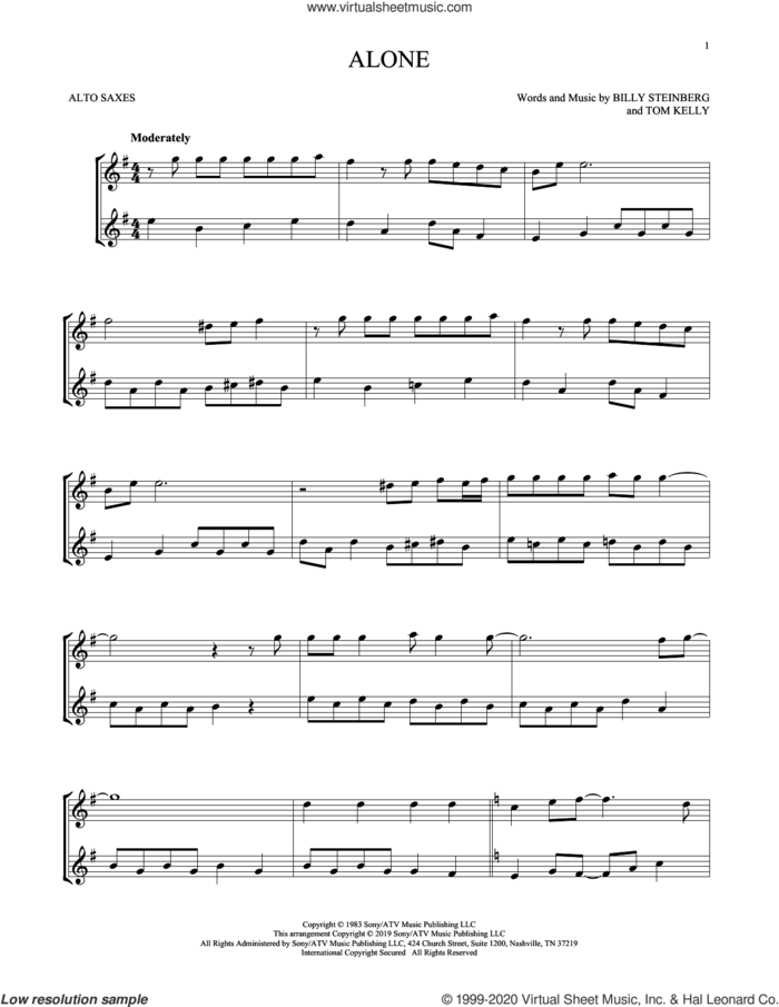 Alone sheet music for two alto saxophones (duets) by Heart, Billy Steinberg and Tom Kelly, intermediate skill level
