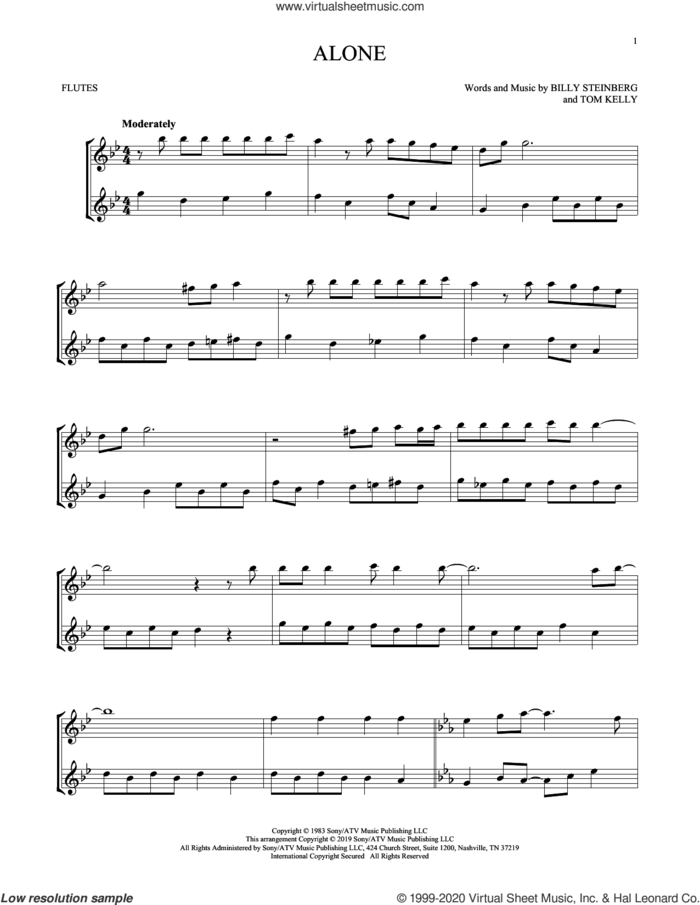 Alone sheet music for two flutes (duets) by Heart, Billy Steinberg and Tom Kelly, intermediate skill level