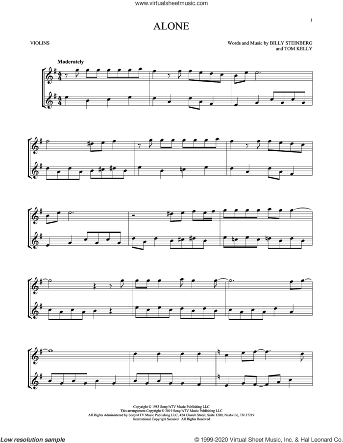 Alone sheet music for two violins (duets, violin duets) by Heart, Billy Steinberg and Tom Kelly, intermediate skill level