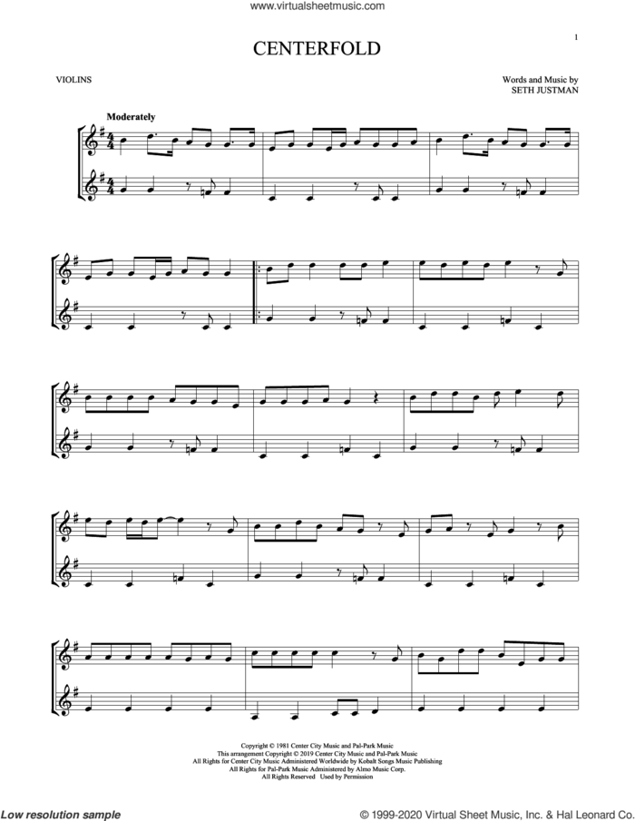 Centerfold sheet music for two violins (duets, violin duets) by J. Geils Band and Seth Justman, intermediate skill level
