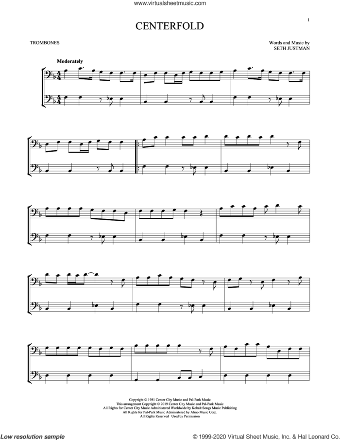 Centerfold sheet music for two trombones (duet, duets) by J. Geils Band and Seth Justman, intermediate skill level