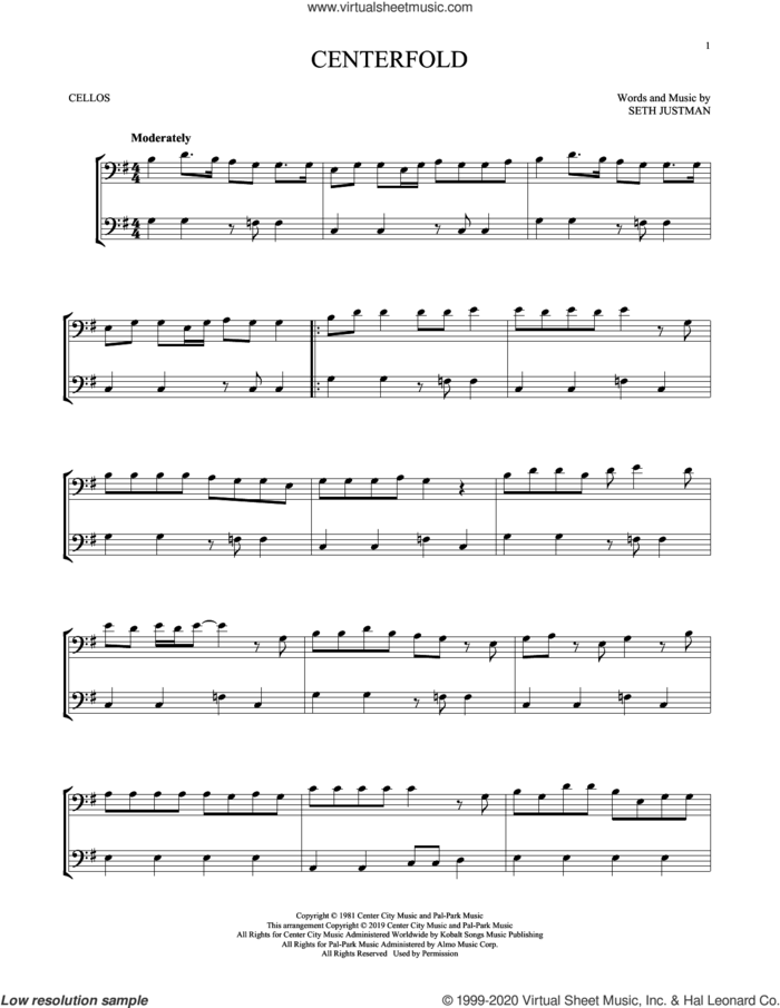 Centerfold sheet music for two cellos (duet, duets) by J. Geils Band and Seth Justman, intermediate skill level