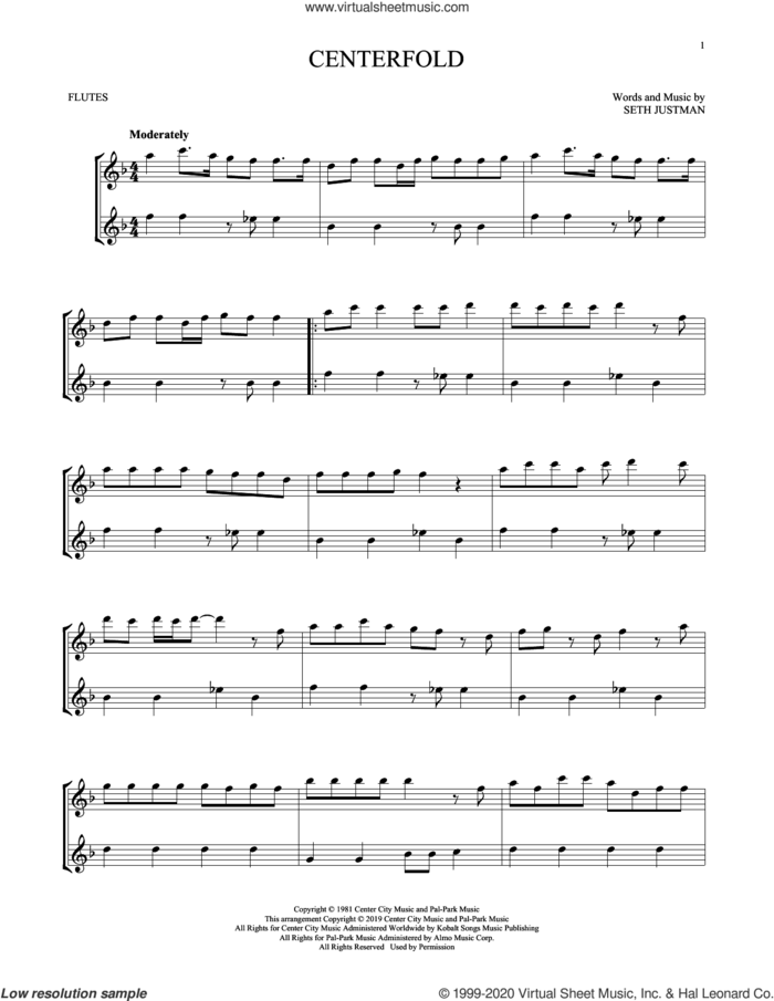 Centerfold sheet music for two flutes (duets) by J. Geils Band and Seth Justman, intermediate skill level