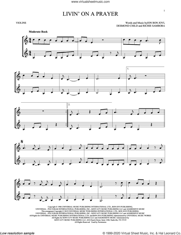 Livin' On A Prayer sheet music for two violins (duets, violin duets) by Bon Jovi, Desmond Child and Richie Sambora, intermediate skill level