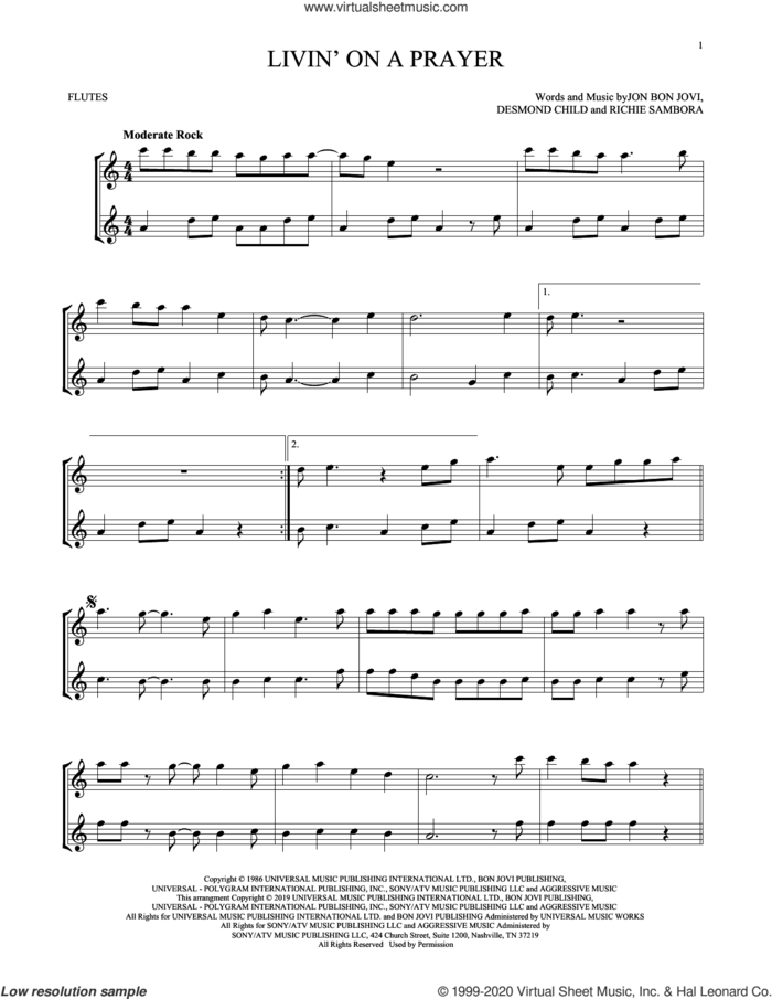 Livin' On A Prayer sheet music for two flutes (duets) by Bon Jovi, Desmond Child and Richie Sambora, intermediate skill level