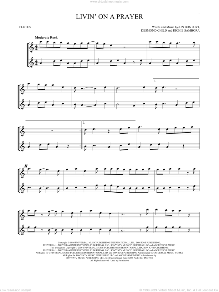 Livin' On A Prayer sheet music for two flutes (duets) by Bon Jovi, Desmond Child and Richie Sambora, intermediate skill level