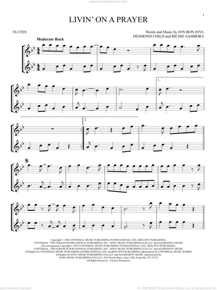 Livin' On A Prayer sheet music for two flutes (duets) by Bon Jovi, Desmond Child and Richie Sambora, intermediate skill level