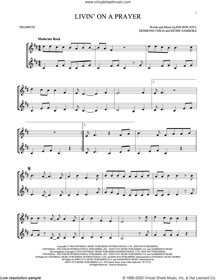 Livin' On A Prayer sheet music for two trumpets (duet, duets) by Bon Jovi, Desmond Child and Richie Sambora, intermediate skill level