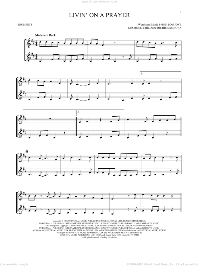 Livin' On A Prayer sheet music for two trumpets (duet, duets) by Bon Jovi, Desmond Child and Richie Sambora, intermediate skill level