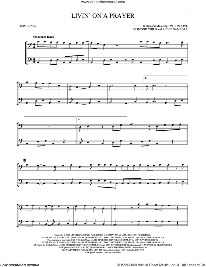 Livin' On A Prayer sheet music for two trombones (duet, duets) by Bon Jovi, Desmond Child and Richie Sambora, intermediate skill level