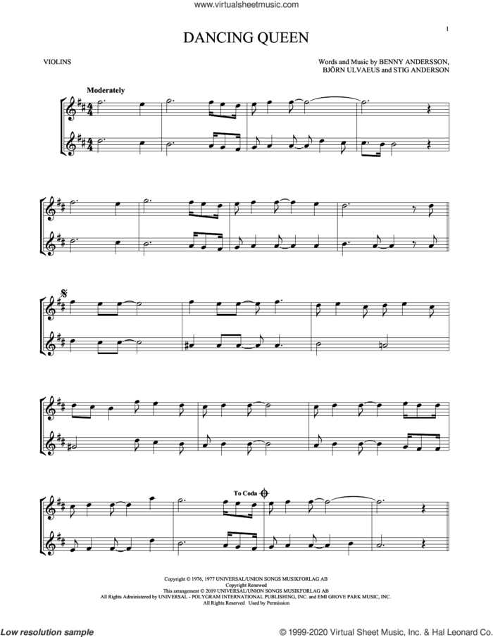 Dancing Queen sheet music for two violins (duets, violin duets) by ABBA, Benny Andersson, Bjorn Ulvaeus and Stig Anderson, intermediate skill level