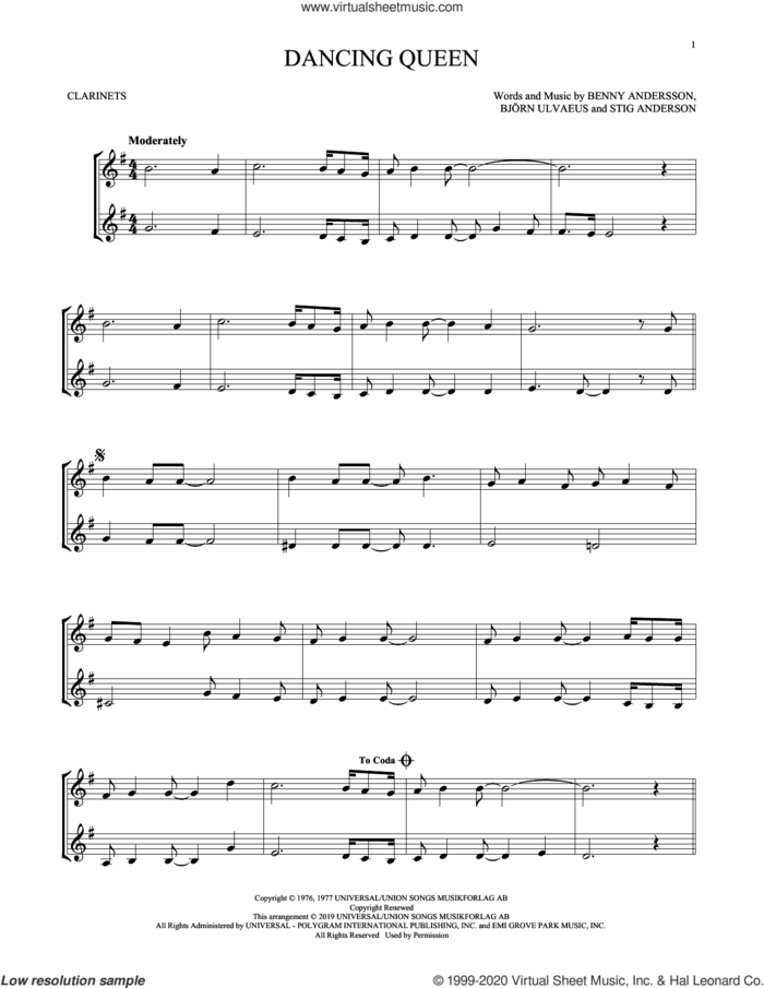 Dancing Queen sheet music for two clarinets (duets) by ABBA, Benny Andersson, Bjorn Ulvaeus and Stig Anderson, intermediate skill level