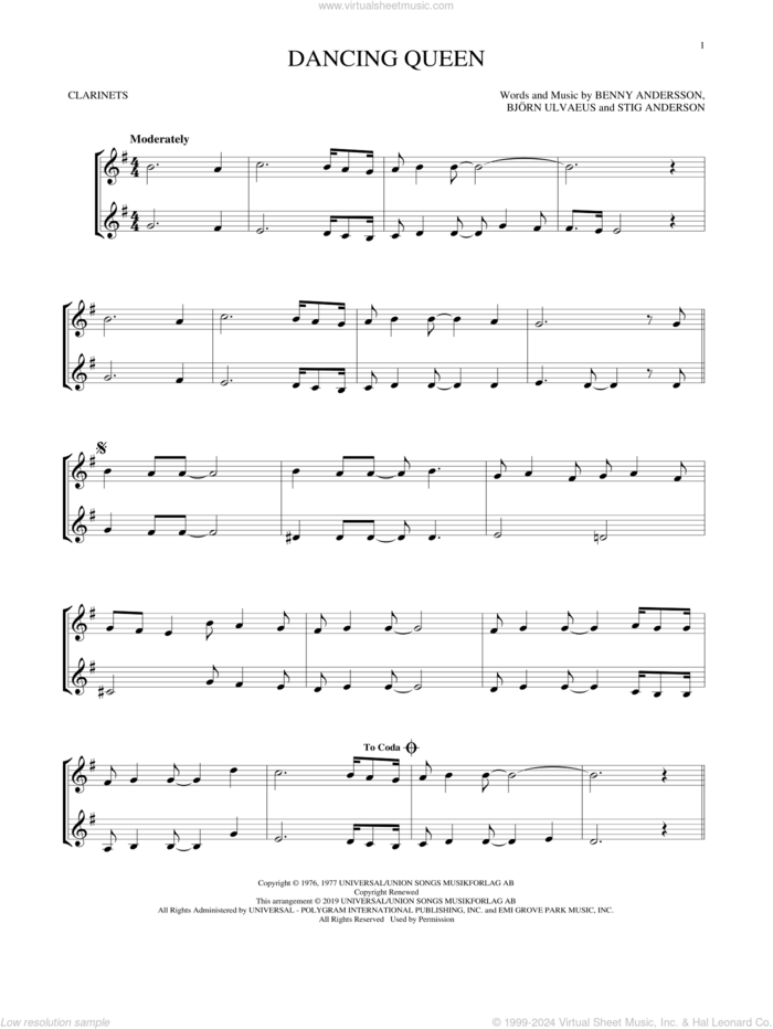 Dancing Queen sheet music for two clarinets (duets) by ABBA, Benny Andersson, Bjorn Ulvaeus and Stig Anderson, intermediate skill level